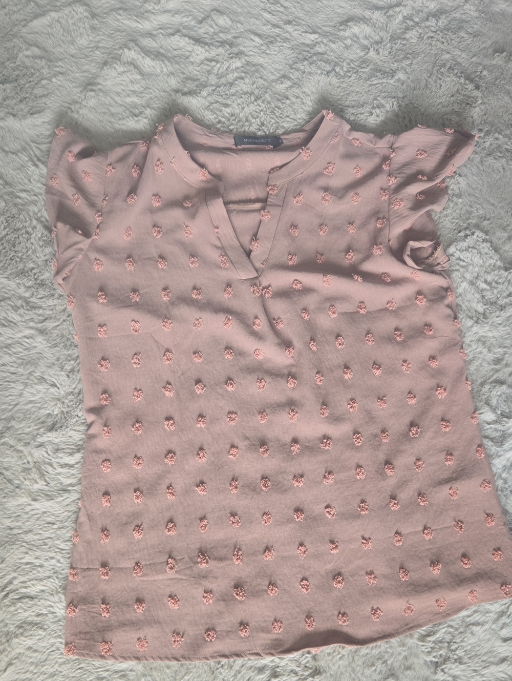Textured Dot Flutter Sleeve Beige Blouse